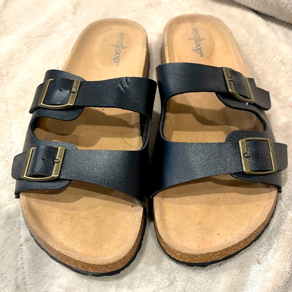 West Loop black faux brass buckle sandal flats